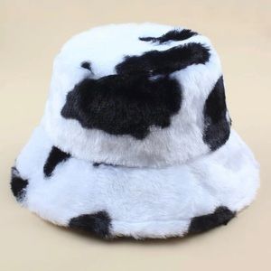 Fuzzy cow print bucket hat